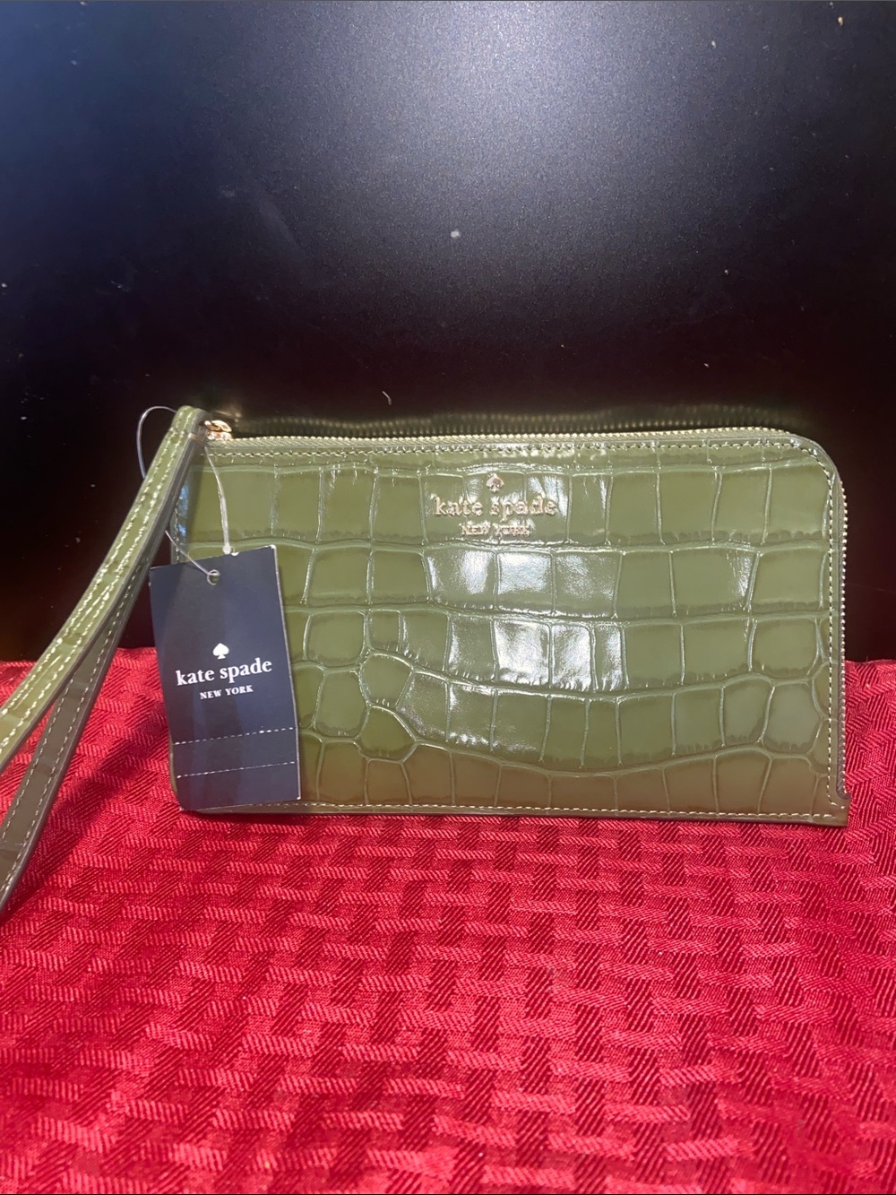 kate spade Olive Croc-Embossed Zip Wristlet